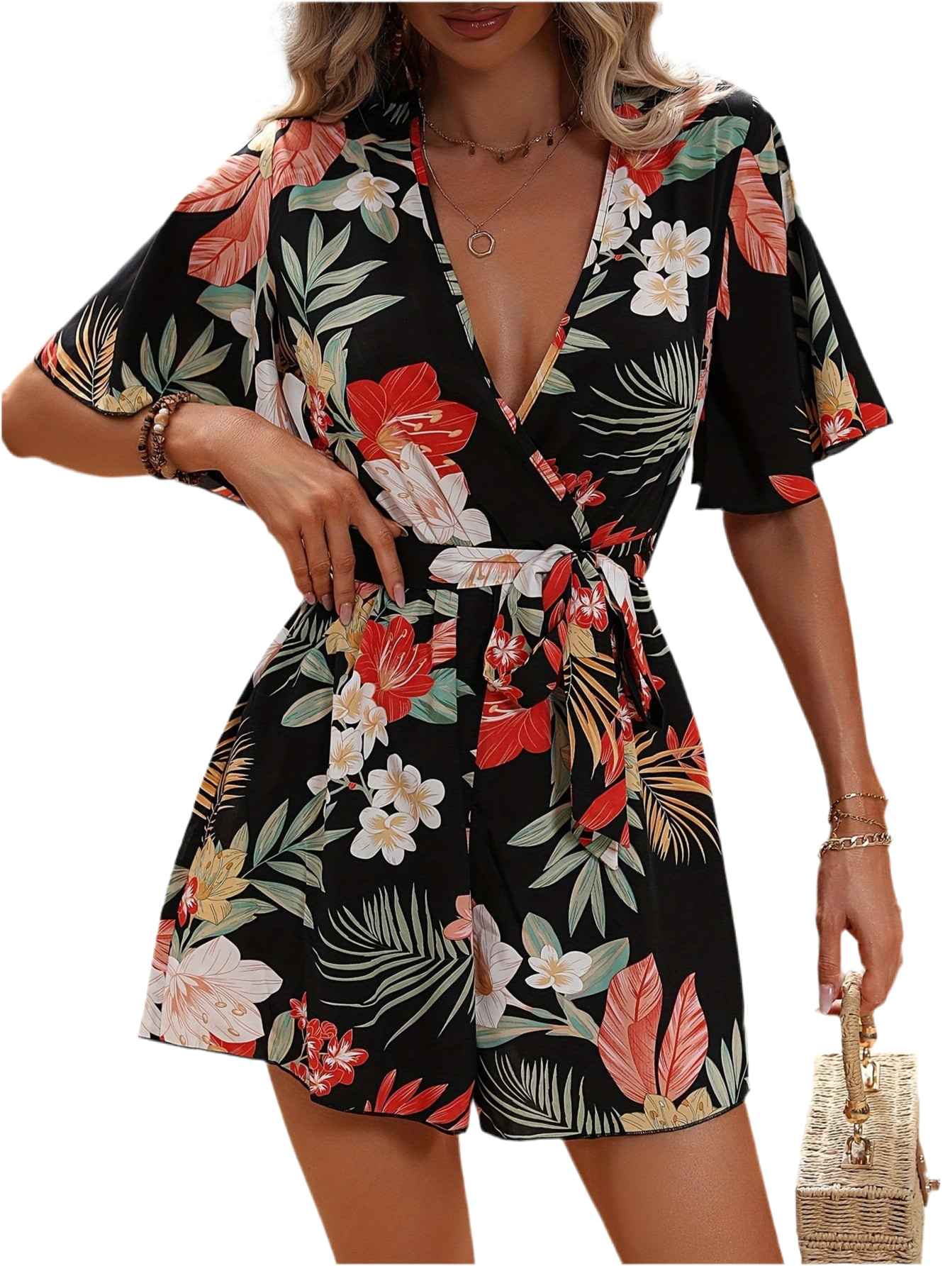 Beach Vacation Ruffle Sleeve Cross Belt Short Romper