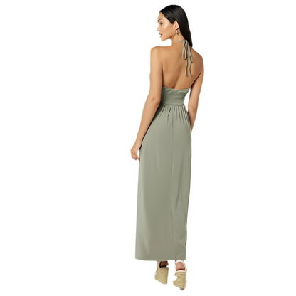 V-Neck Halter Backless Pleated Sleeveless Dress