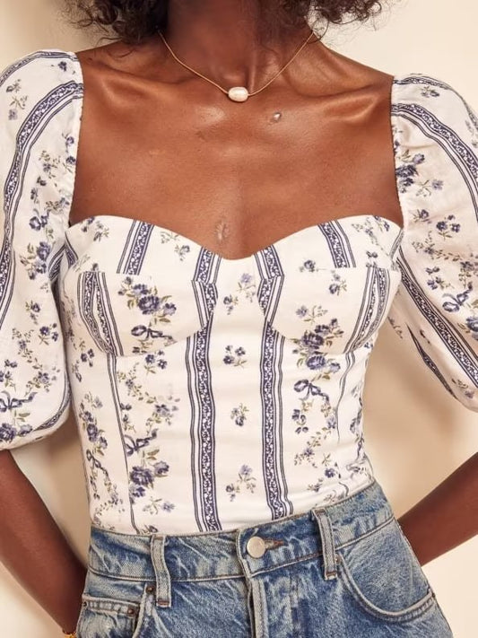 Wind Blue Striped Short Sleeve Floral Blouse