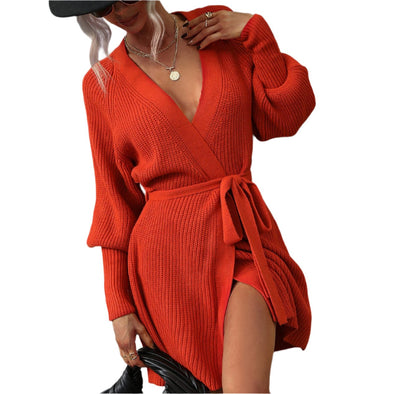 Mid-Length Knitted Lace-up Cardigan Sweater Dress