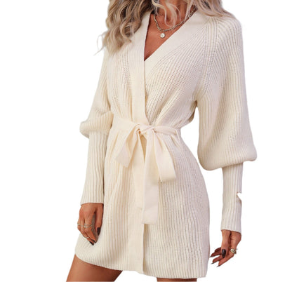 Mid-Length Knitted Lace-up Cardigan Sweater Dress