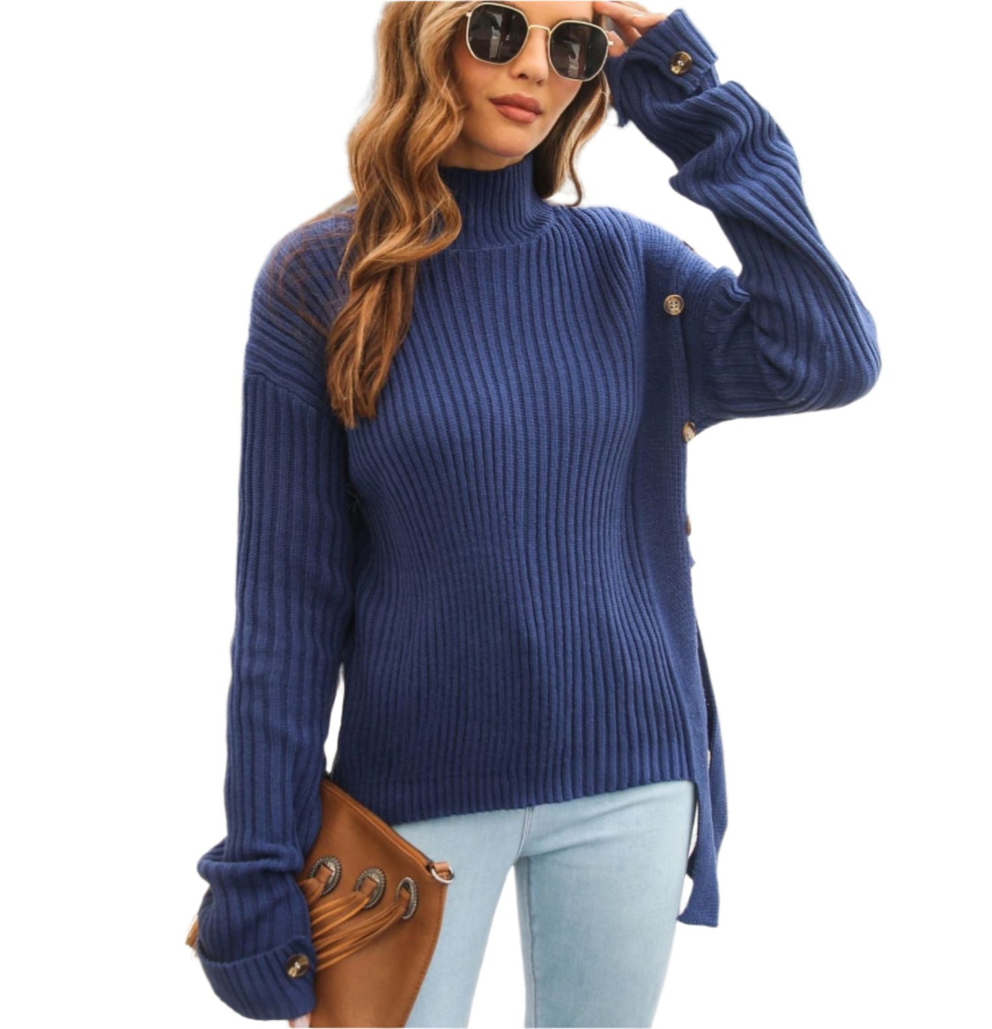 Ribbon Fastener Turtleneck Sweater