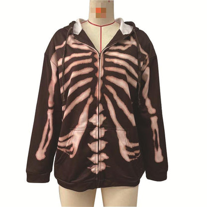 Halloween Skull Printed Long Sleeved Zipper Halloween Hoodie