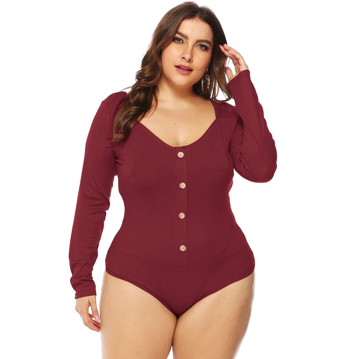 Plus Size Button V-Plunge Long Sleeve Backless Bodysuit