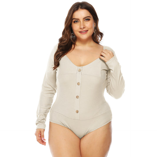 Plus Size Button V-Plunge Long Sleeve Backless Bodysuit