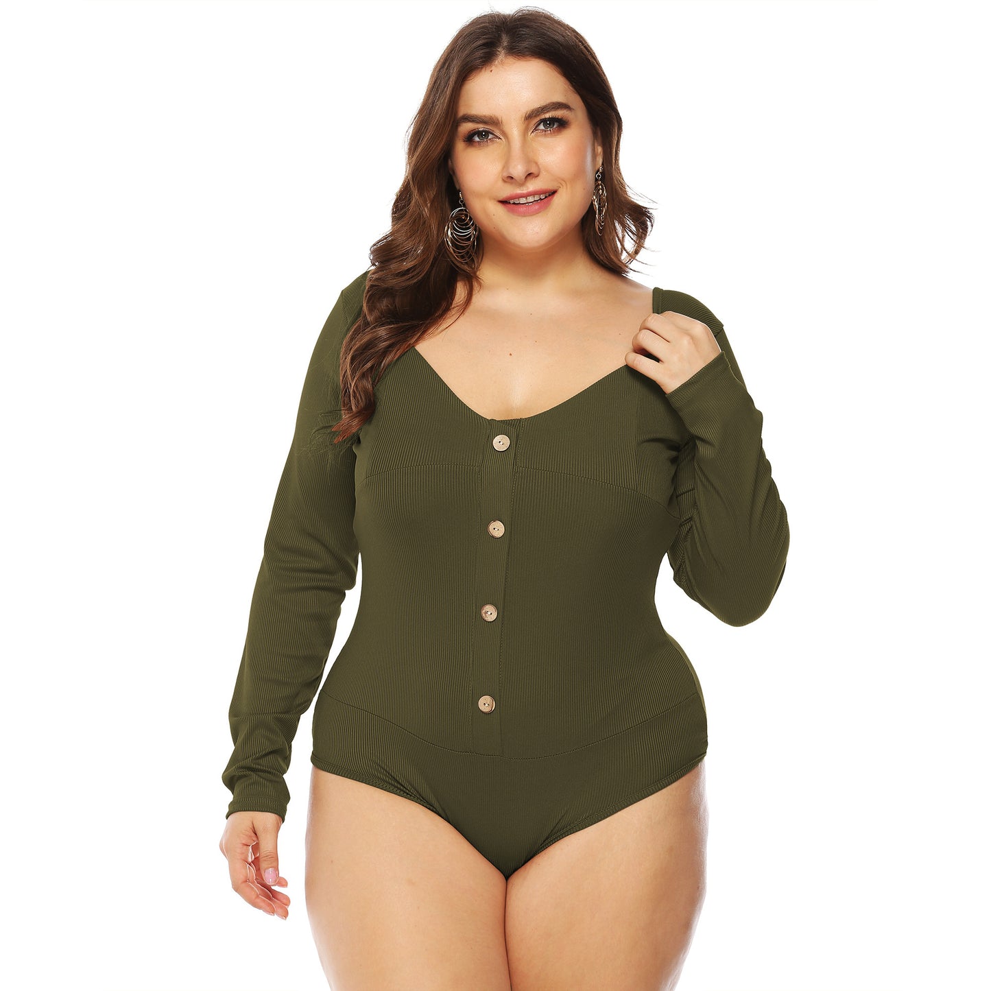 Plus Size Button V-Plunge Long Sleeve Backless Bodysuit