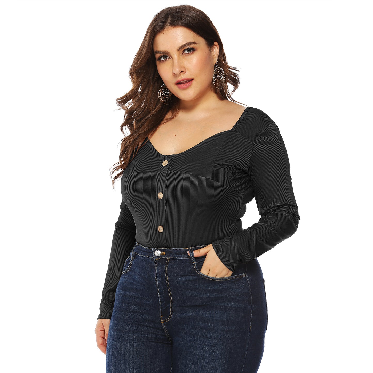 Plus Size Button V-Plunge Long Sleeve Backless Bodysuit