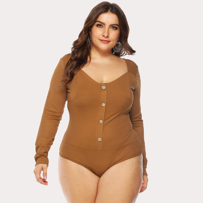 Plus Size Button V-Plunge Long Sleeve Backless Bodysuit