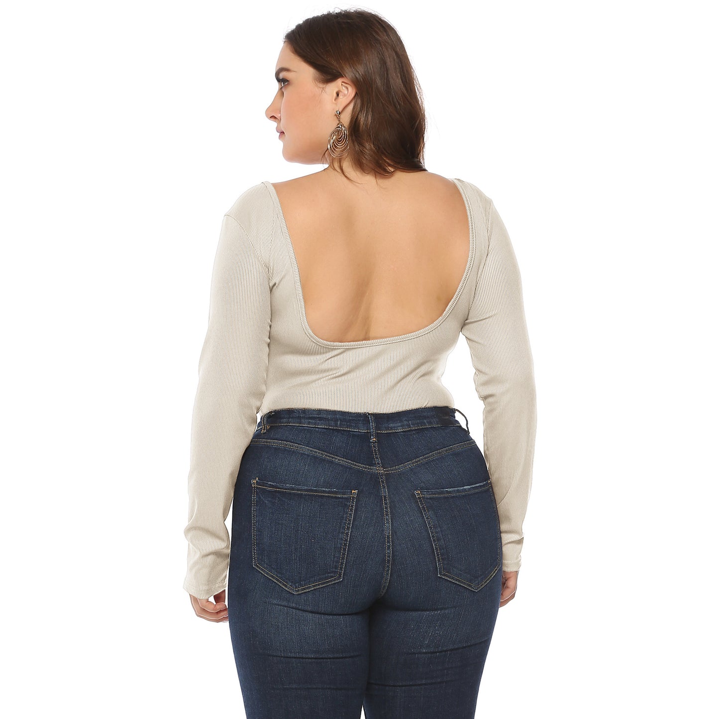 Plus Size Button V-Plunge Long Sleeve Backless Bodysuit