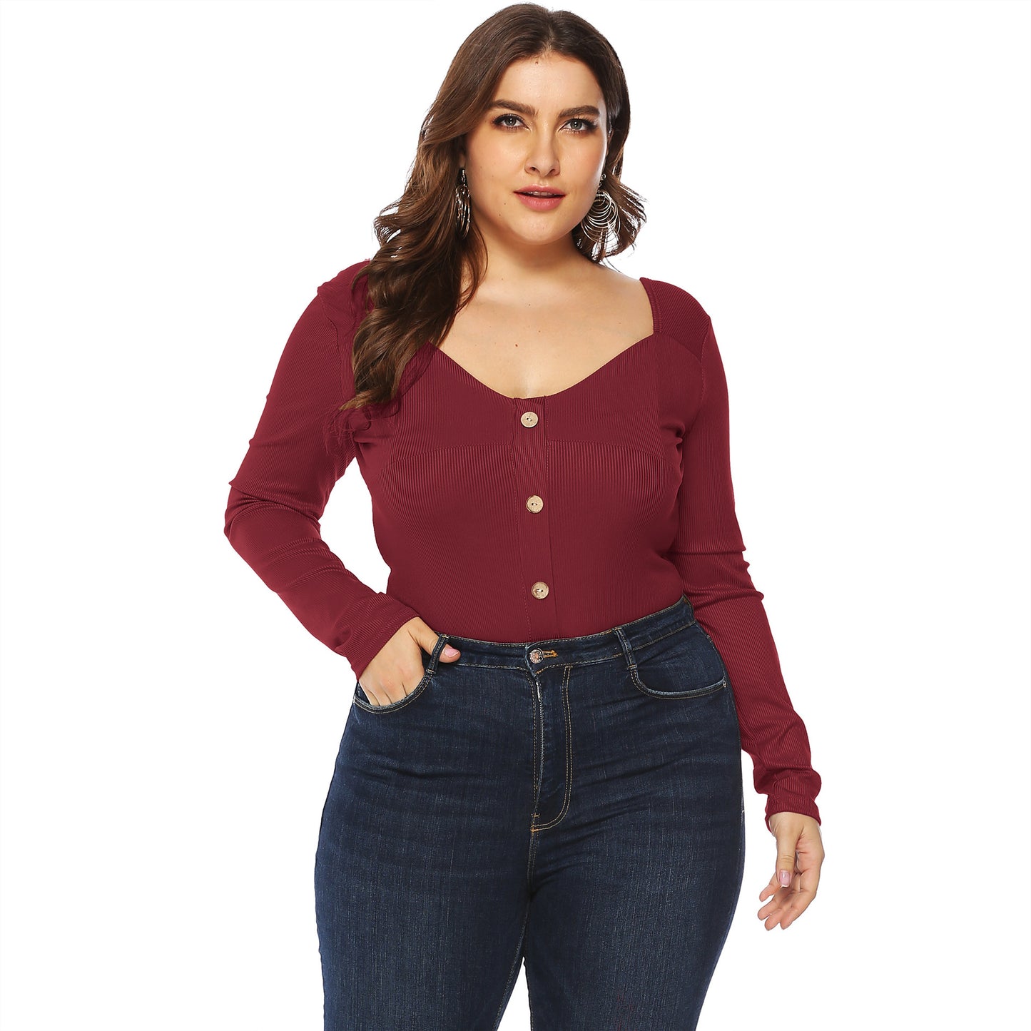 Plus Size Button V-Plunge Long Sleeve Backless Bodysuit