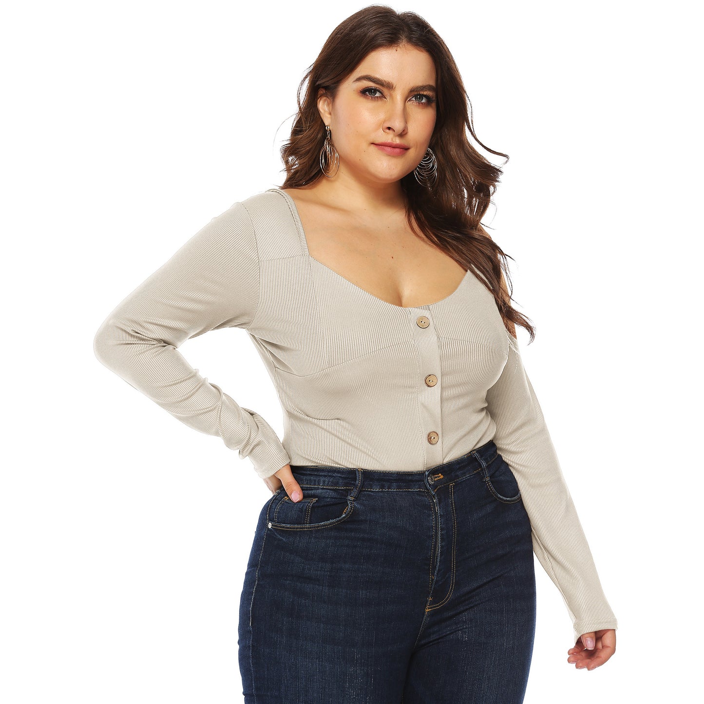 Plus Size Button V-Plunge Long Sleeve Backless Bodysuit