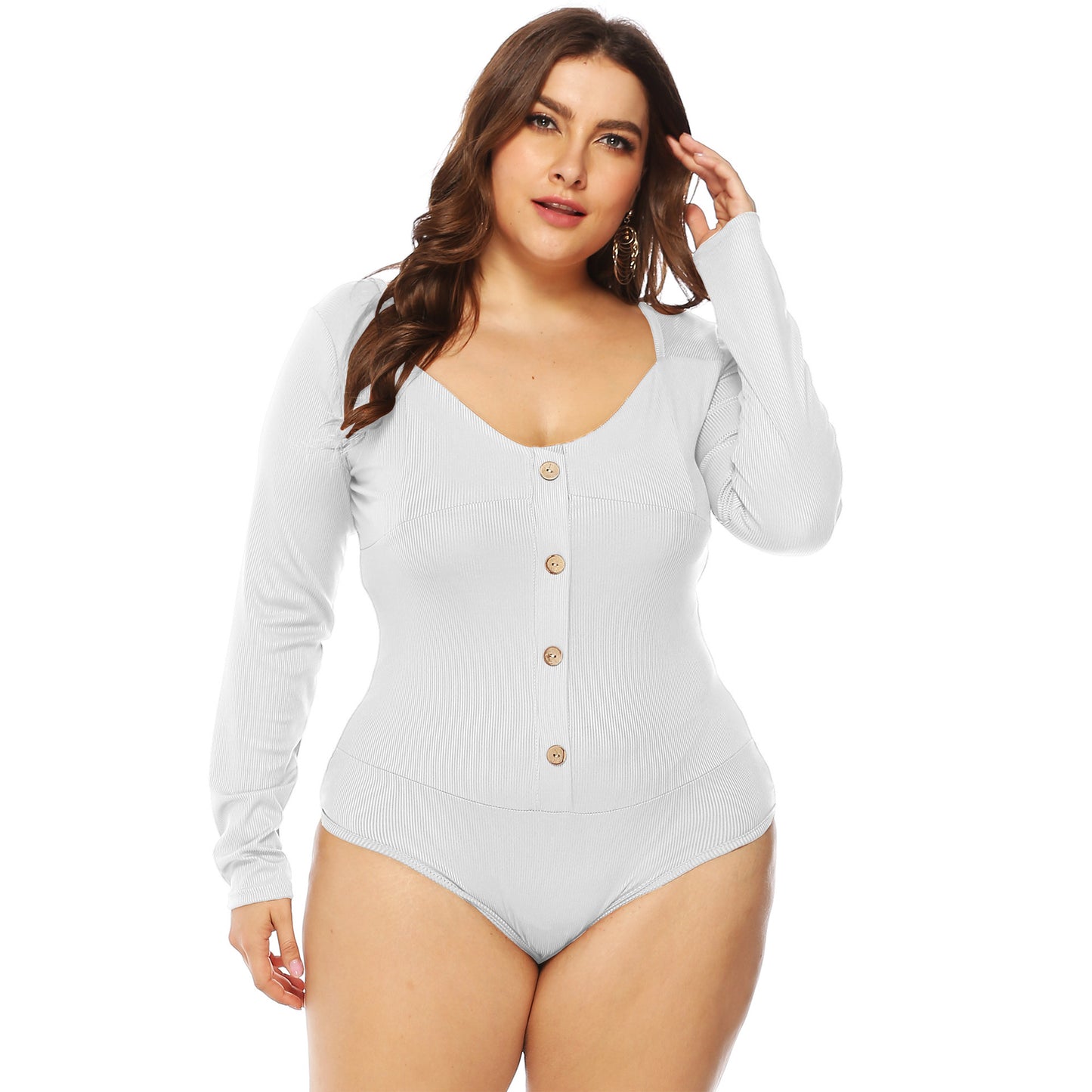 Plus Size Button V-Plunge Long Sleeve Backless Bodysuit