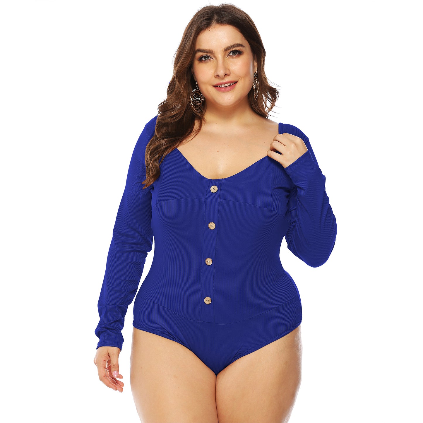 Plus Size Button V-Plunge Long Sleeve Backless Bodysuit