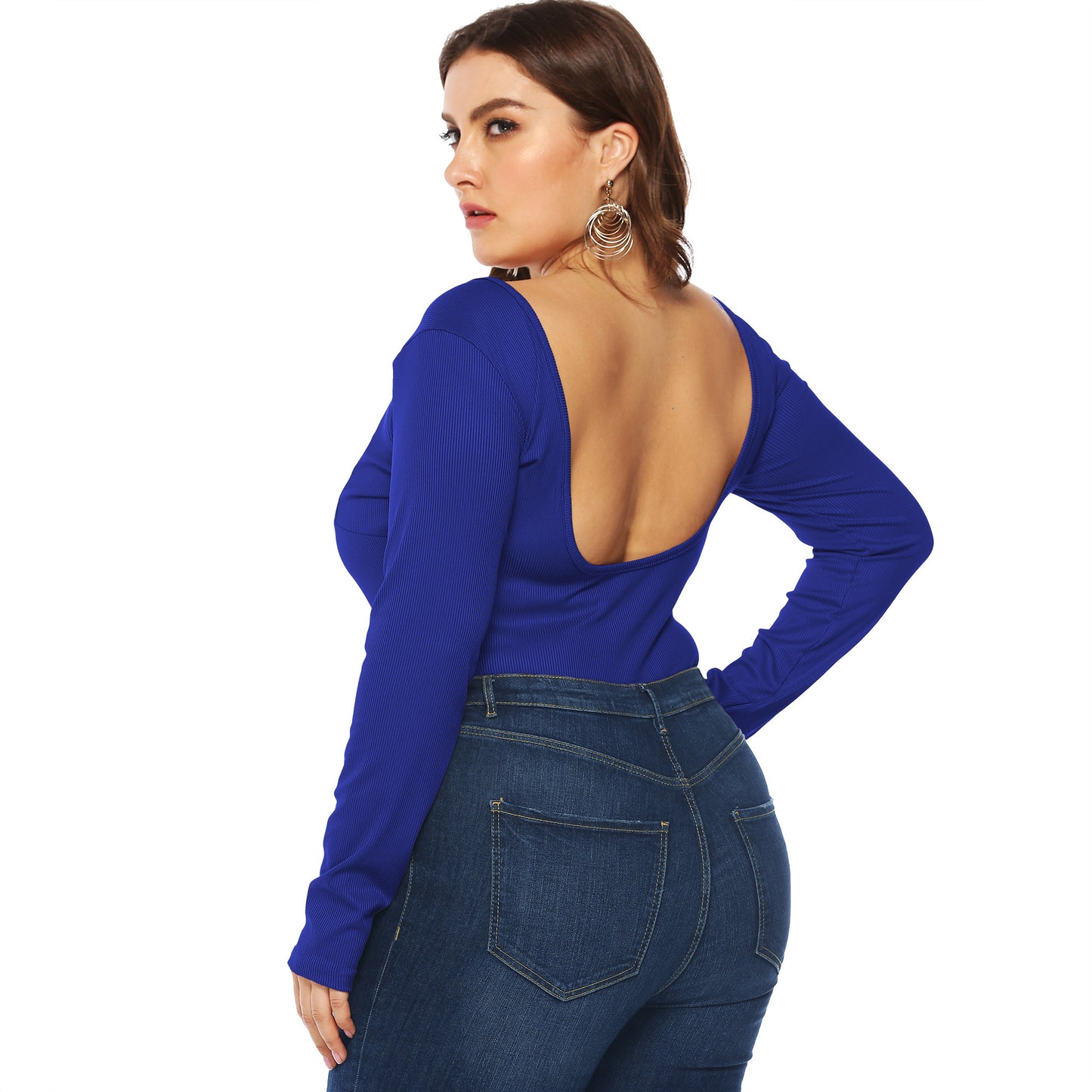 Plus Size Button V-Plunge Long Sleeve Backless Bodysuit