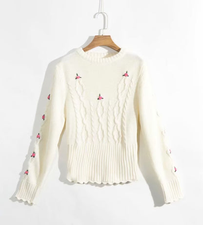 Fashionable Hand Crocheted Floral Crew Neck Pullover Sweater