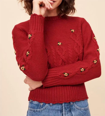 Fashionable Hand Crocheted Floral Crew Neck Pullover Sweater