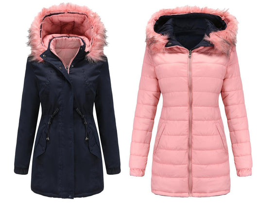 Cotton Padded Double Sided Wear Detachable Fur Collar Hoodie Quilted Parka