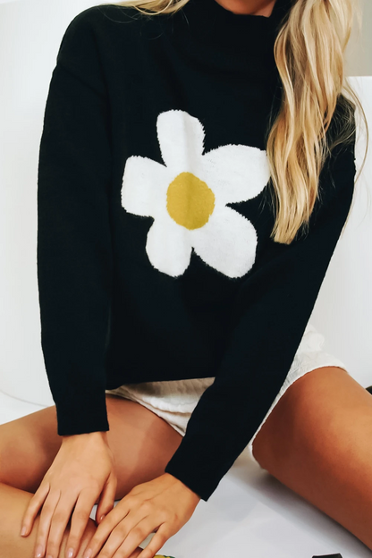 Casual Cute Daisy Knitted Turtleneck Long Sleeve Sweater