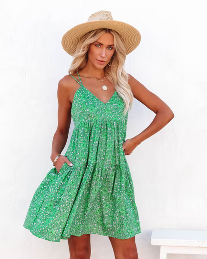 Floral Print Criss Cross Strap V-Neck Dress