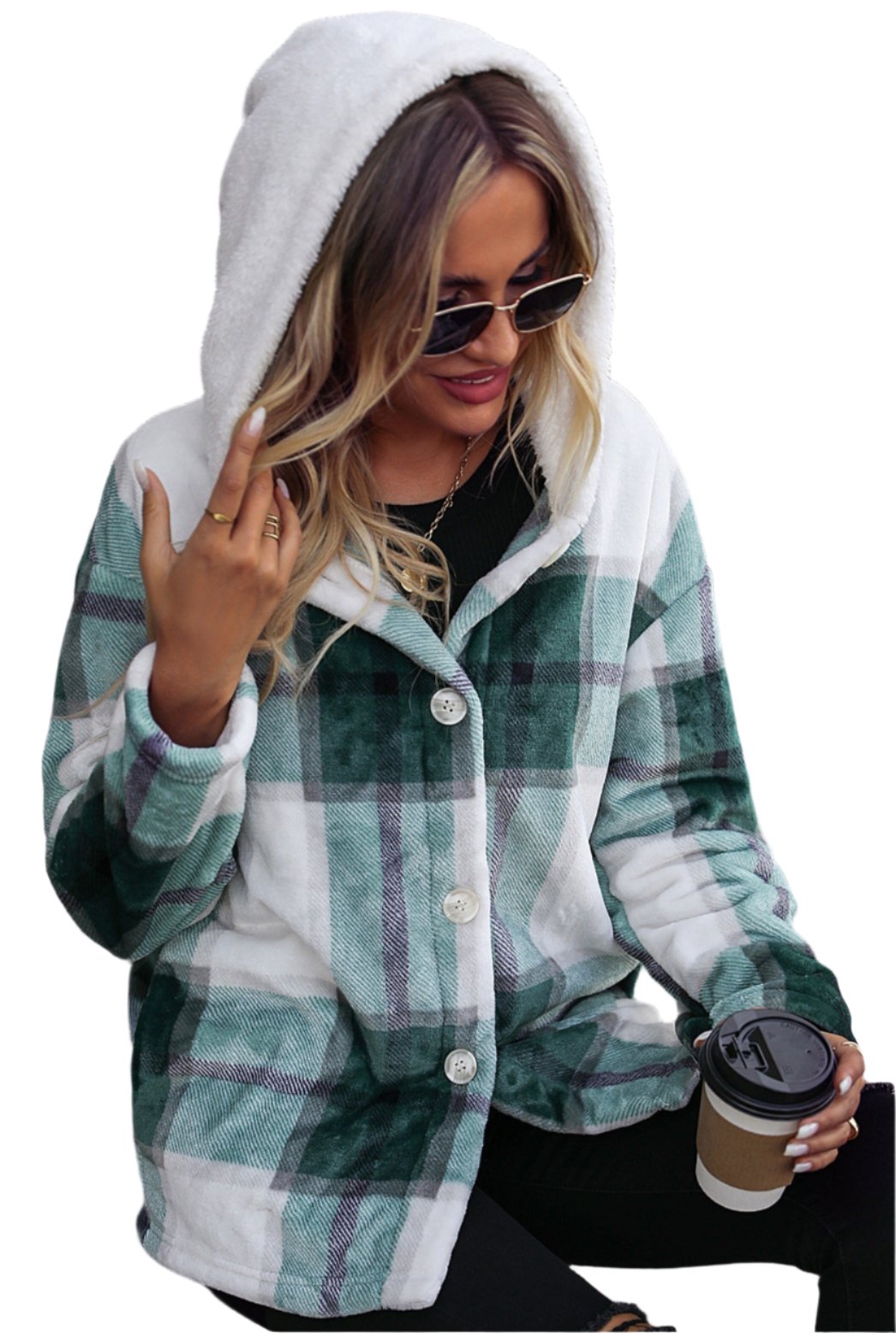 Hooded Long Sleeve Plaid Mid-Length Coat