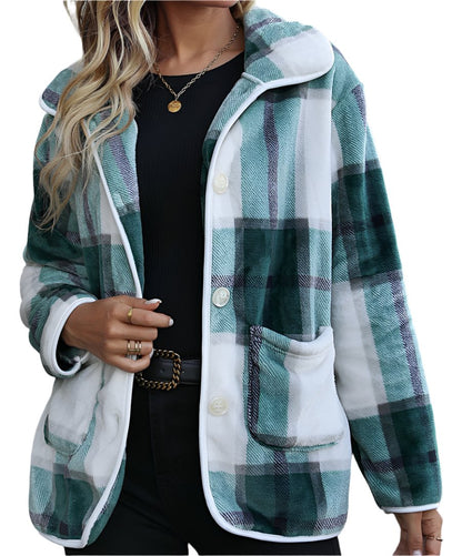 Collared Long Sleeve Single Breasted Plaid Coat