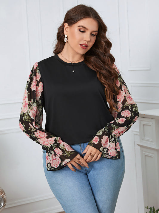 Plus Size Printed Lantern Cuff Shirt Top