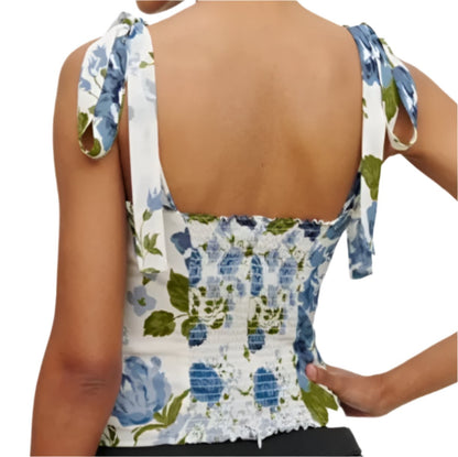 French Vintage Floral Printed Slim Fit Short Top