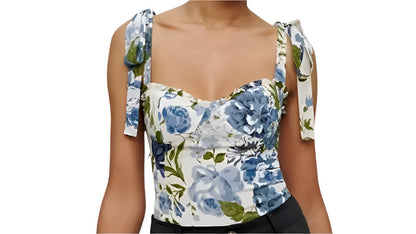 French Vintage Floral Printed Slim Fit Short Top