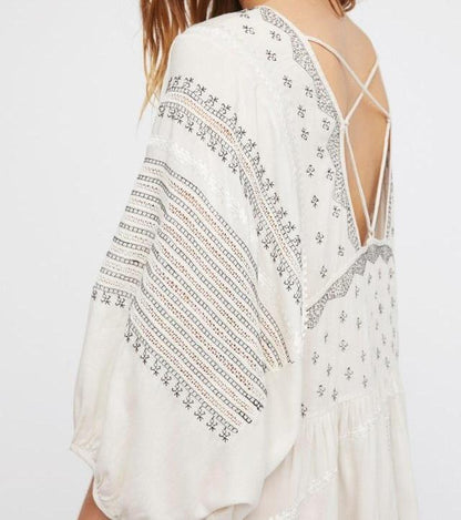 Bohemian White Embroidered Tulle Dress