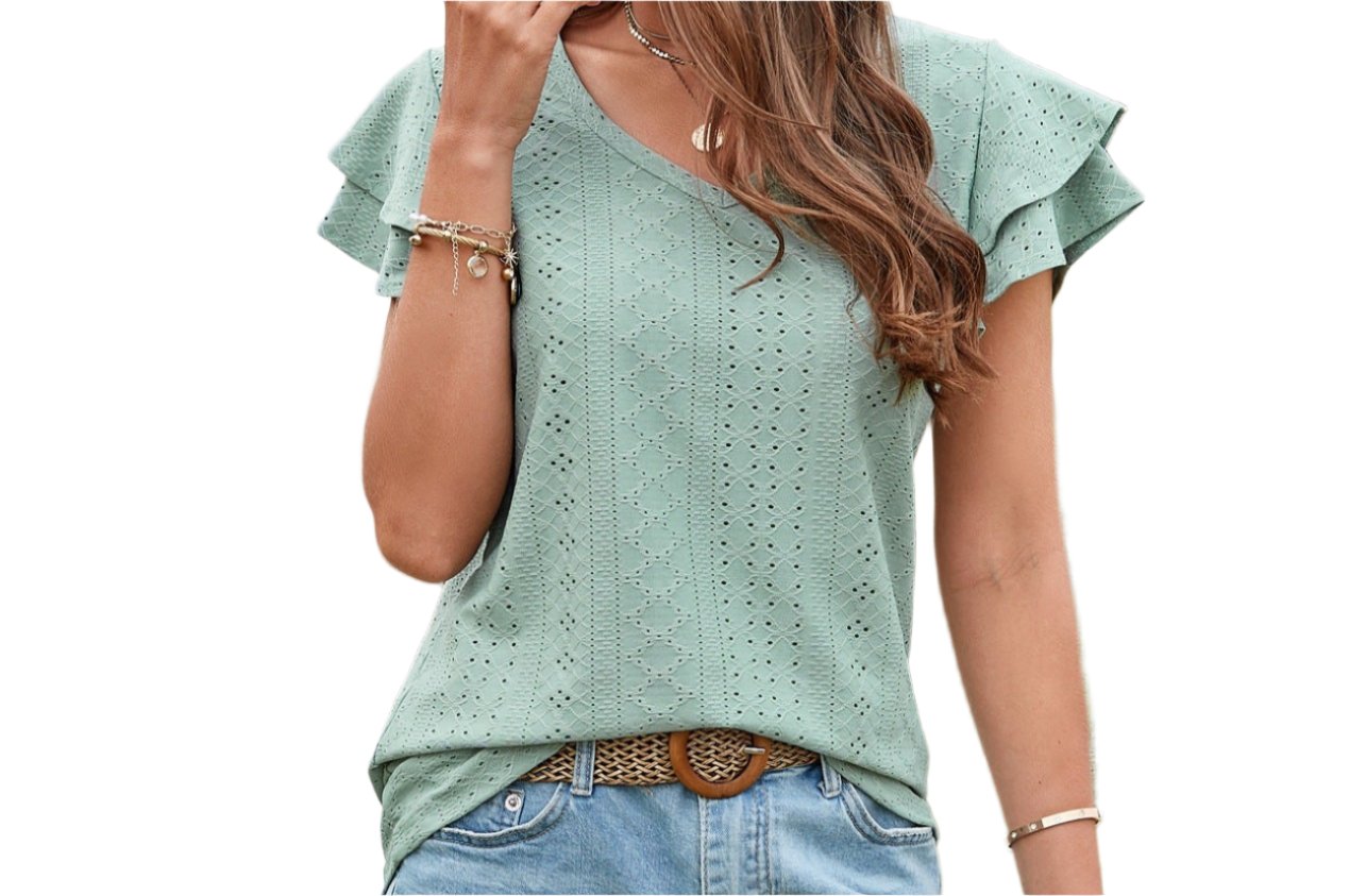 Mesh Hollow Cutout Ruffle Sleeve Casual Top