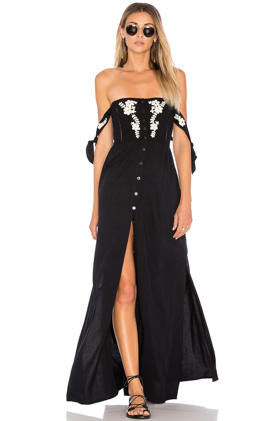 Bohemian Embroidered Off-Shoulder Slit Long Dress