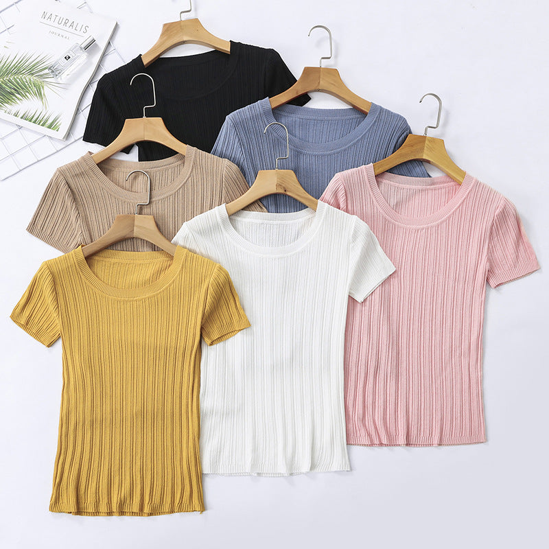 Ice Silk Sweater Short Sleeve Pullover Knitting Top