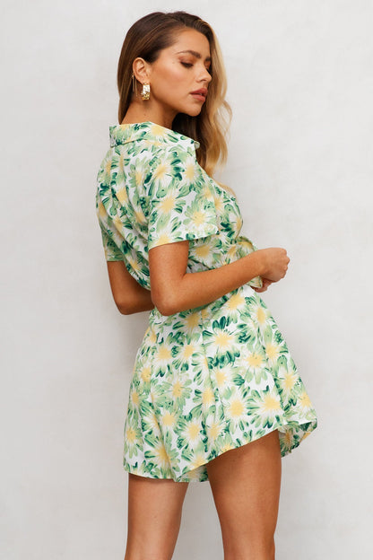 Summer Vacation Floral Short Sleeve Tie Romper