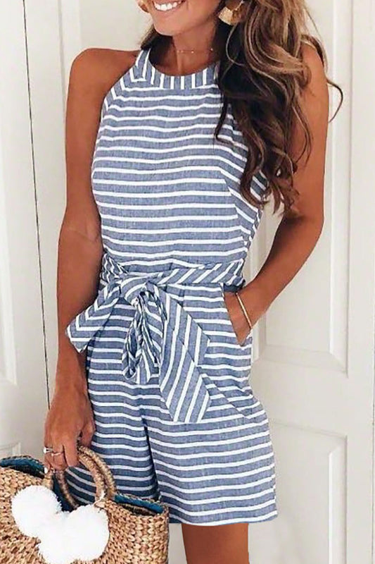 Striped Strapless Round Neck Zipper Casual Romper