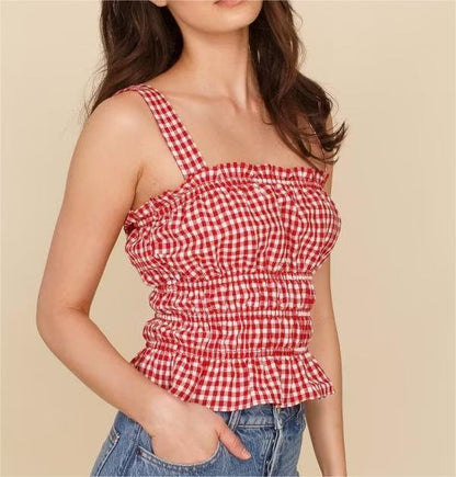 French Sweet Ruffled Elastic Pleated Red Plaid Brimmed Top