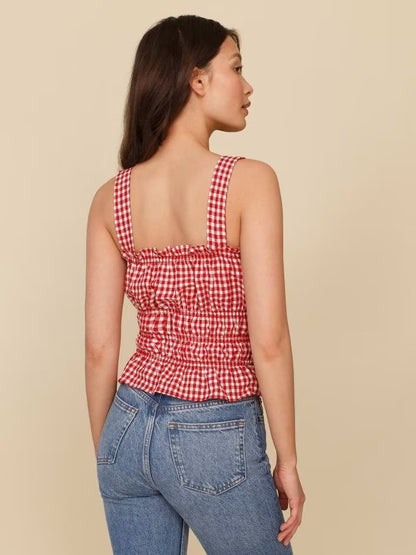 French Sweet Ruffled Elastic Pleated Red Plaid Brimmed Top