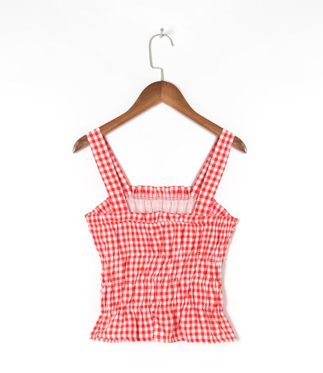 French Sweet Ruffled Elastic Pleated Red Plaid Brimmed Top