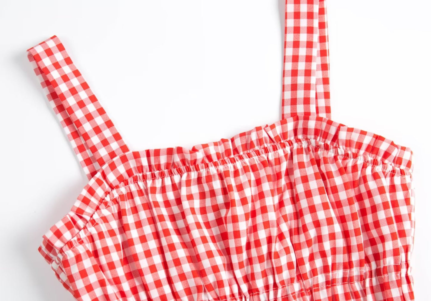 French Sweet Ruffled Elastic Pleated Red Plaid Brimmed Top