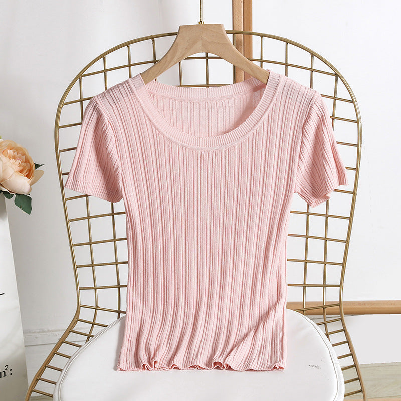 Ice Silk Sweater Short Sleeve Pullover Knitting Top