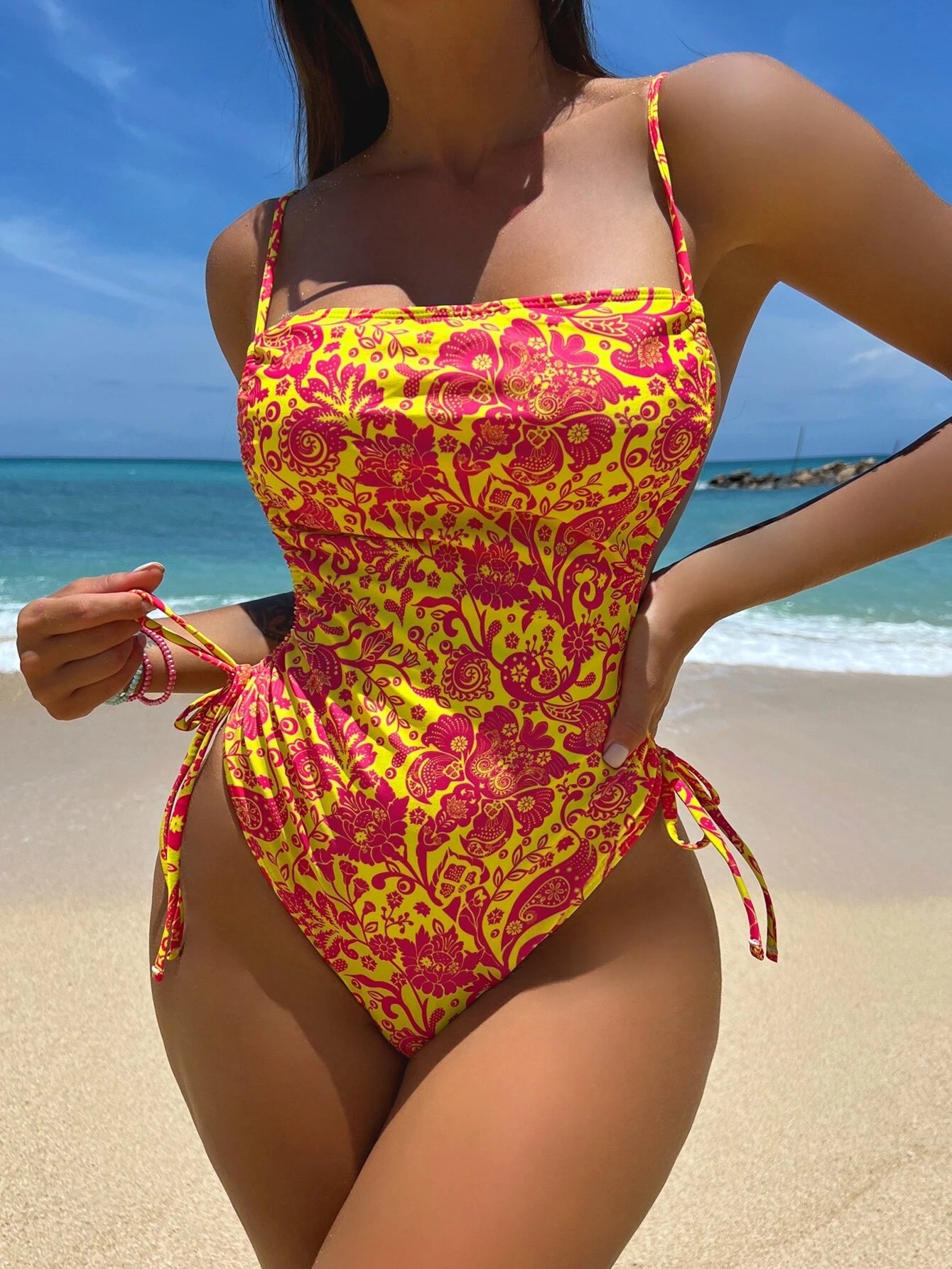 Floral Print Drawstring Side Swimsuit