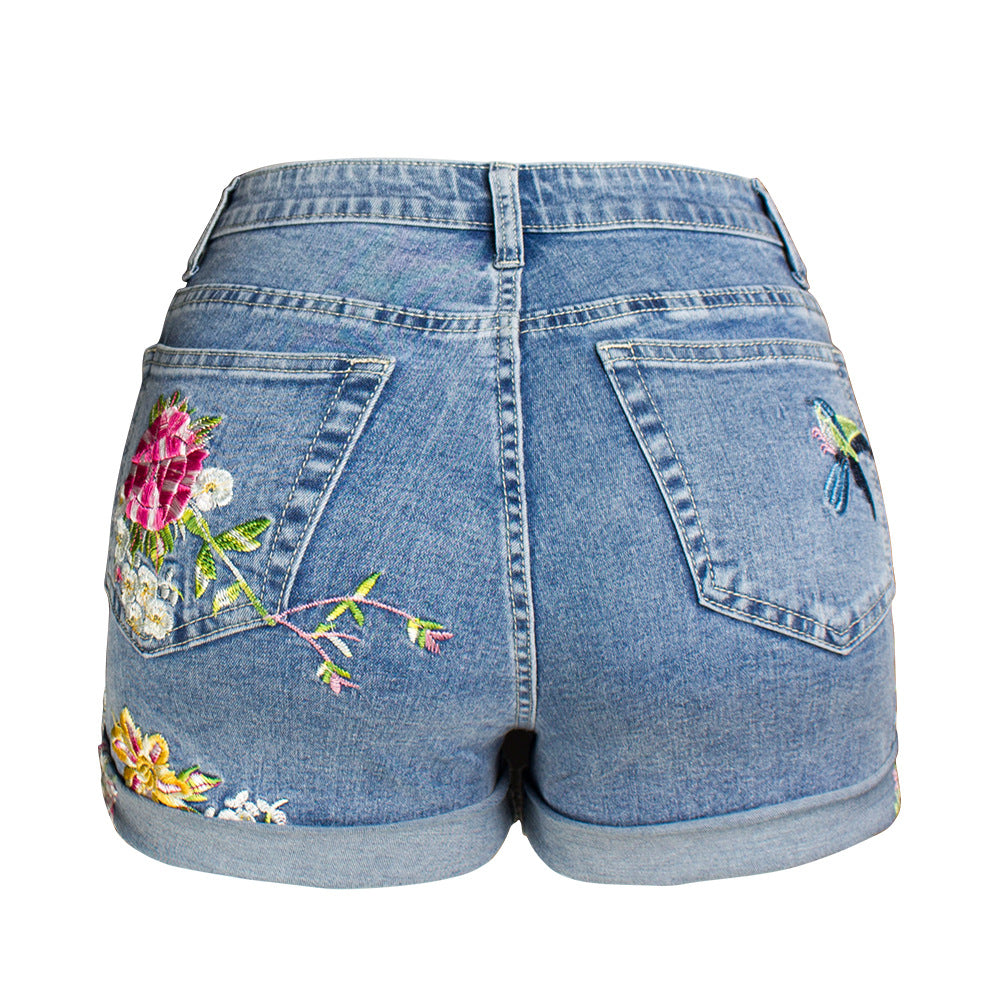 Exquisite Embroidered Floral Denim Shorts