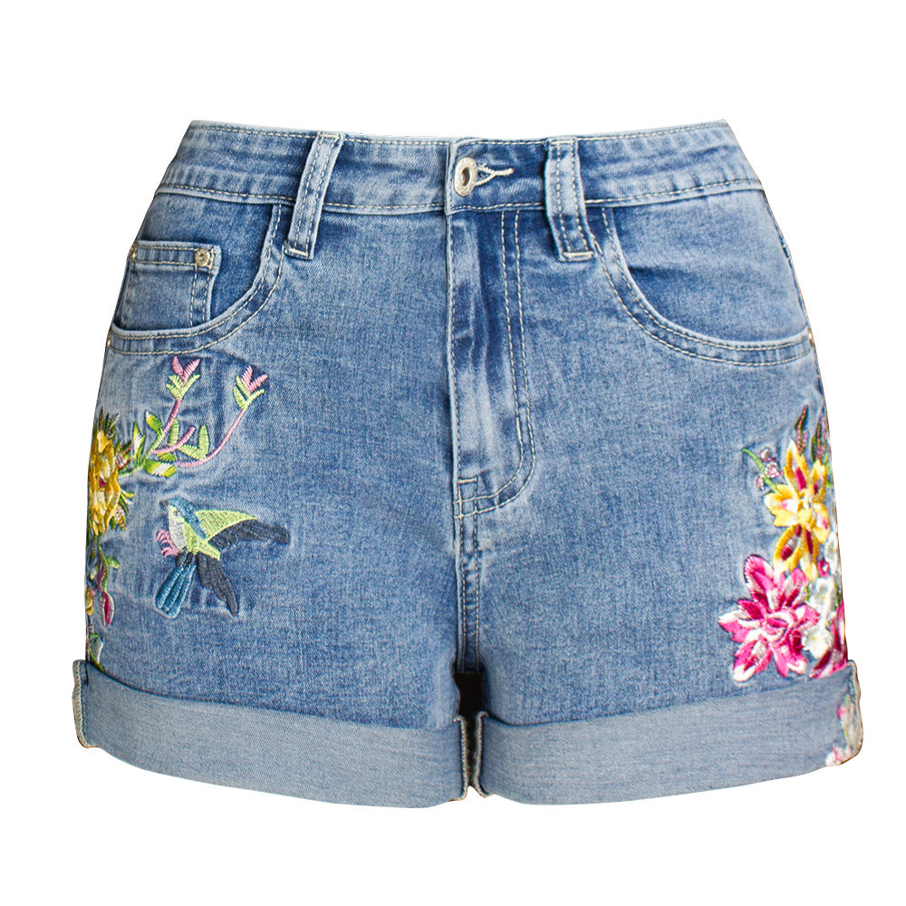 Exquisite Embroidered Floral Denim Shorts