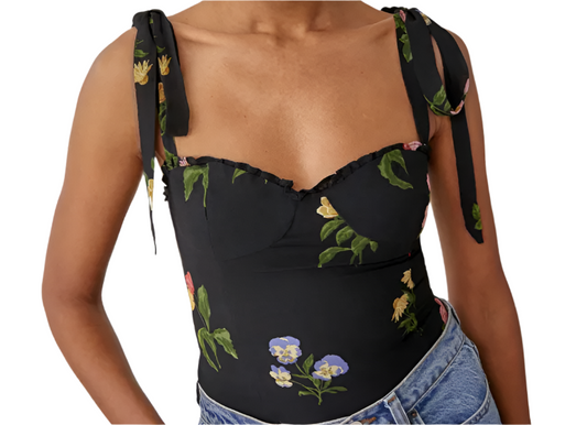 Short Strap Lace-up Printed Slim Vest Top