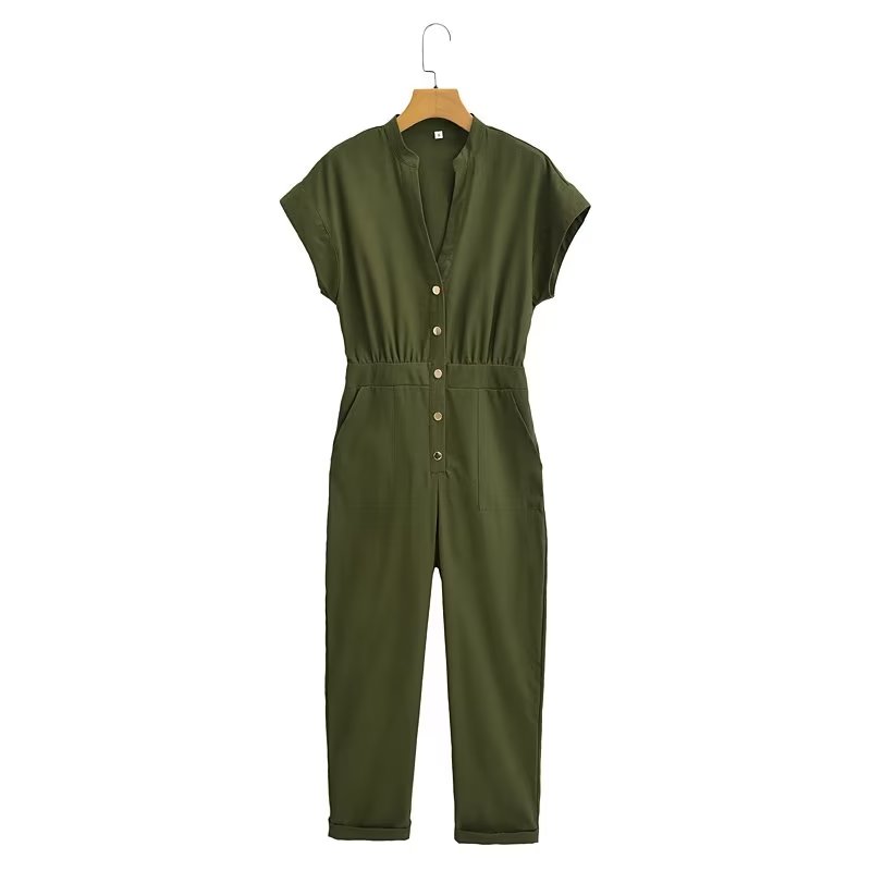 V-neck Decorated Button Waist Trimming Short Sleeved Jumpsuit