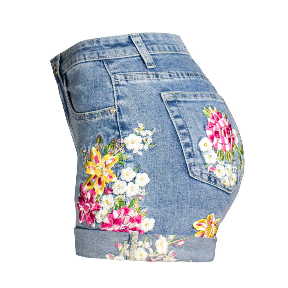 Exquisite Embroidered Floral Denim Shorts