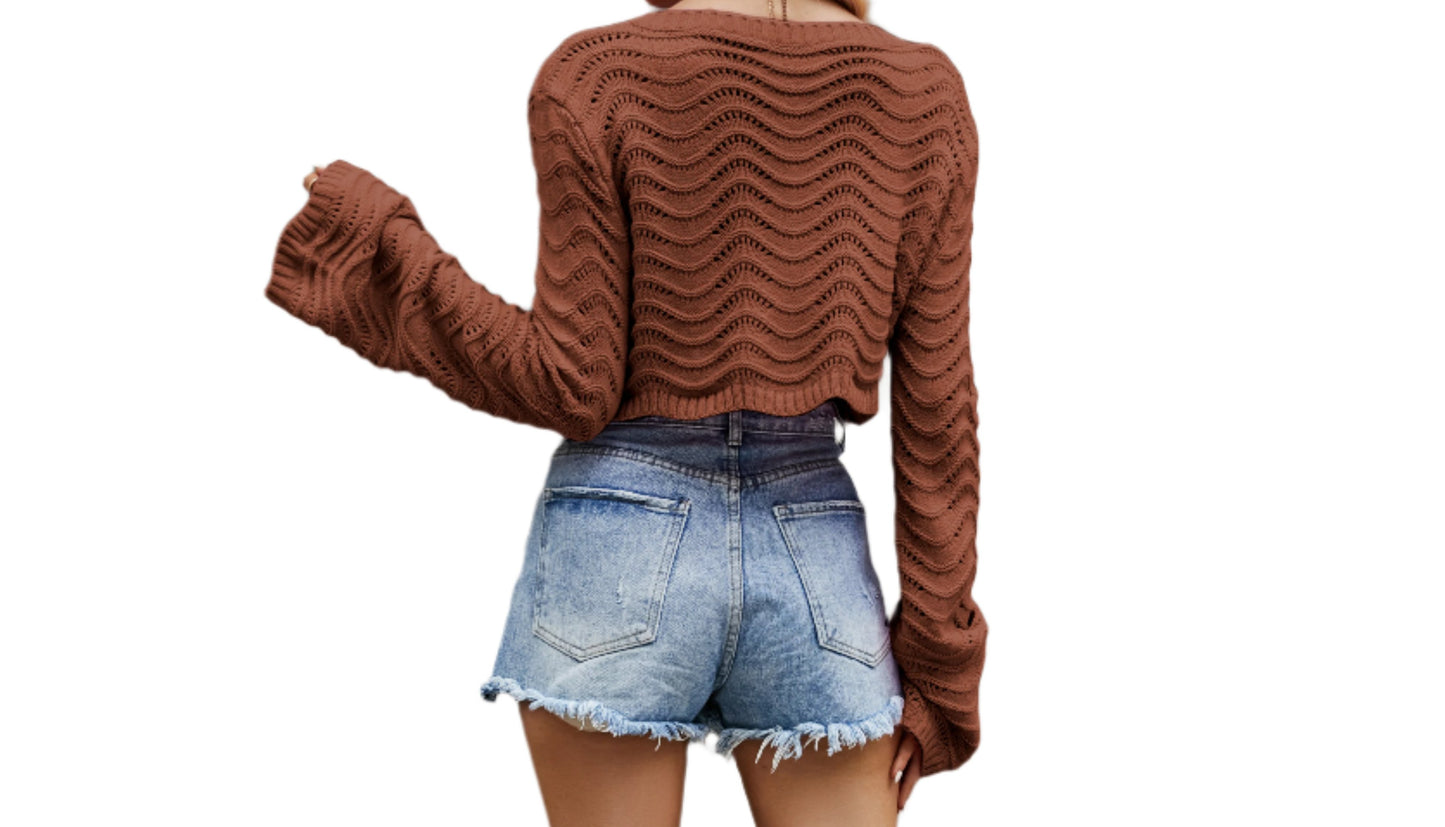 Hollow Cutout Wave Pattern Short Pullover Sweater