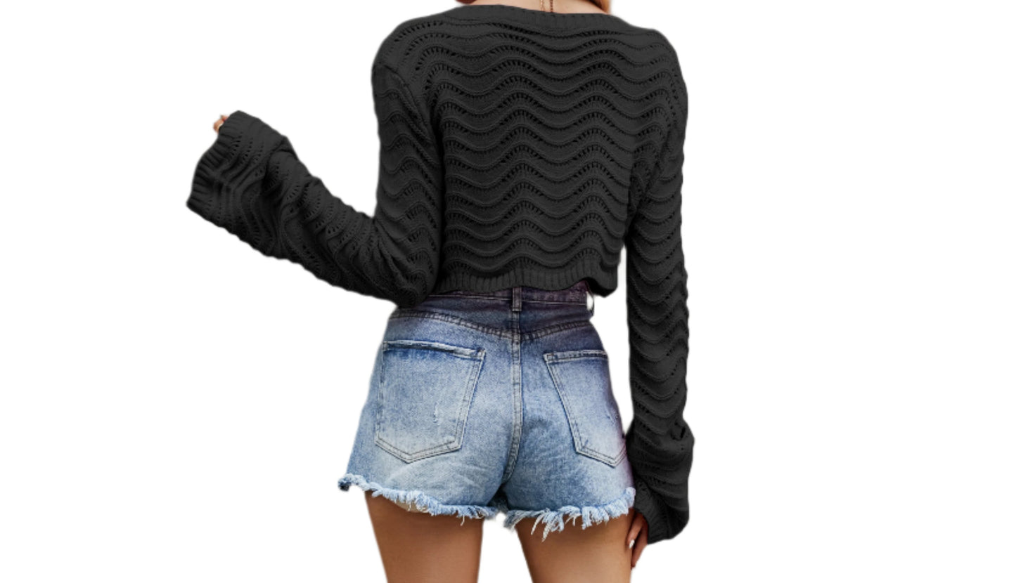 Hollow Cutout Wave Pattern Short Pullover Sweater