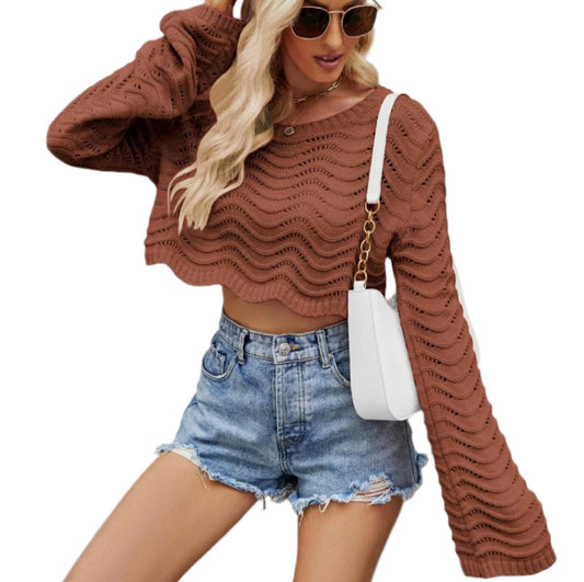 Hollow Cutout Wave Pattern Short Pullover Sweater