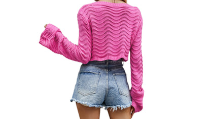 Hollow Cutout Wave Pattern Short Pullover Sweater