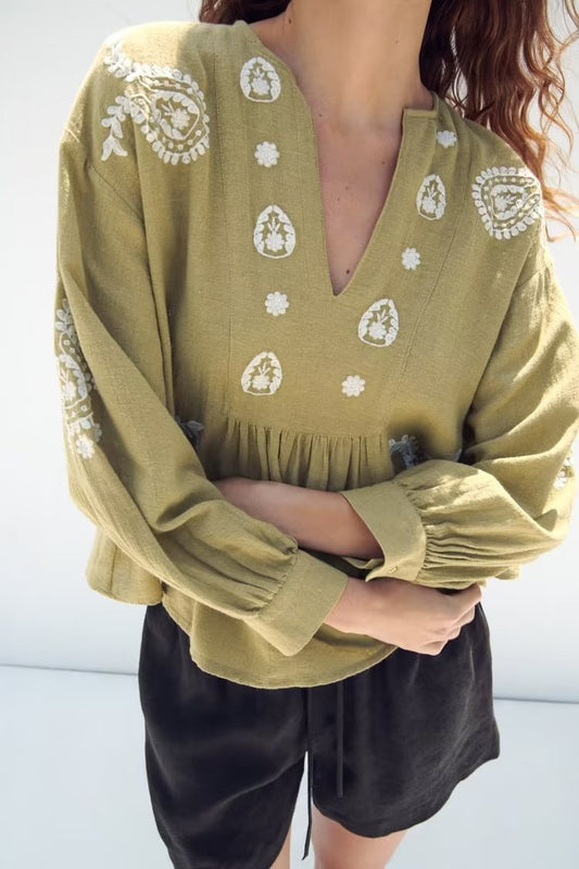 Long Sleeve V-Neck Embroidery Shirt